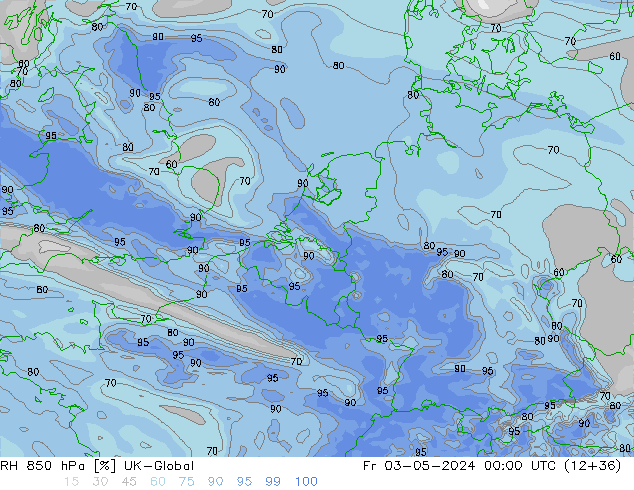 RH 850 hPa UK-Global Fr 03.05.2024 00 UTC