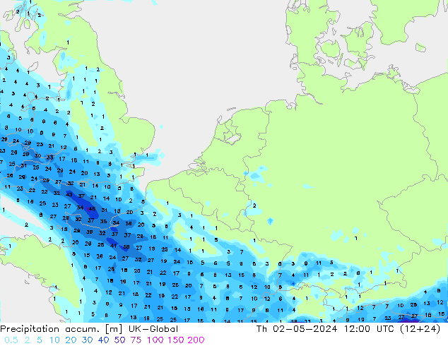 Precipitation accum. UK-Global czw. 02.05.2024 12 UTC