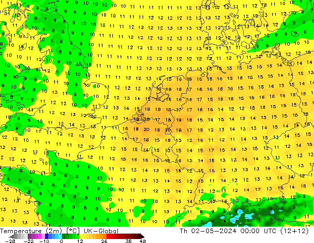 Temperatura (2m) UK-Global Qui 02.05.2024 00 UTC