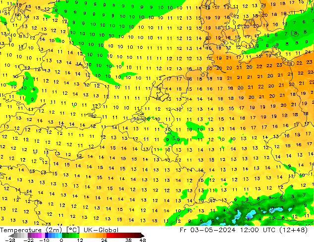 mapa temperatury (2m) UK-Global pt. 03.05.2024 12 UTC