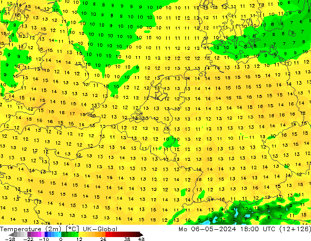 Sıcaklık Haritası (2m) UK-Global Pzt 06.05.2024 18 UTC