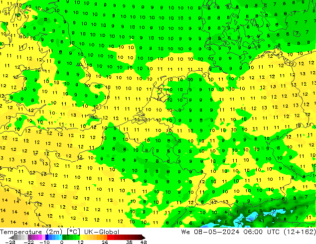 Temperatura (2m) UK-Global Qua 08.05.2024 06 UTC