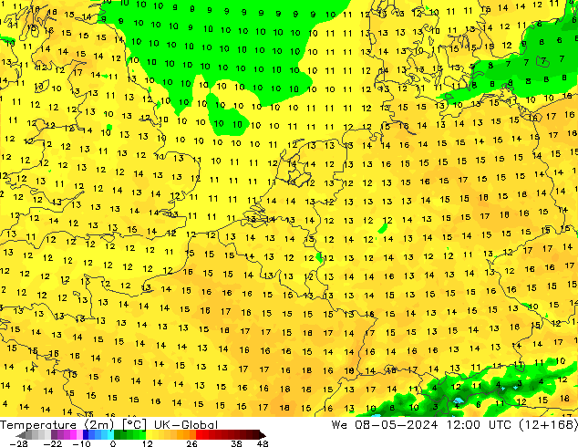 Temperatura (2m) UK-Global Qua 08.05.2024 12 UTC