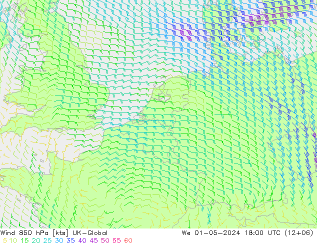 Wind 850 hPa UK-Global Mi 01.05.2024 18 UTC