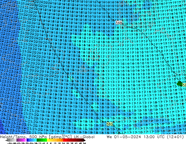 Height/Temp. 500 hPa UK-Global Mi 01.05.2024 13 UTC