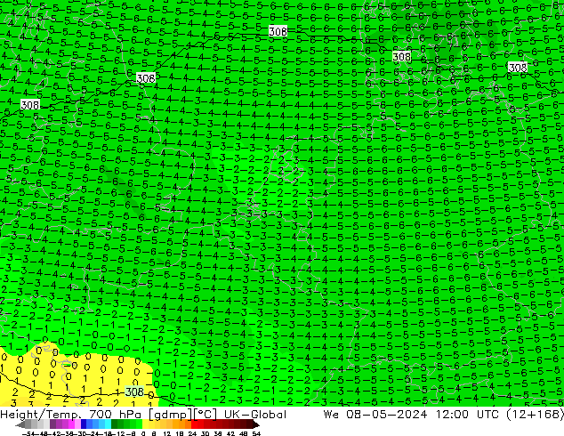 Height/Temp. 700 hPa UK-Global We 08.05.2024 12 UTC