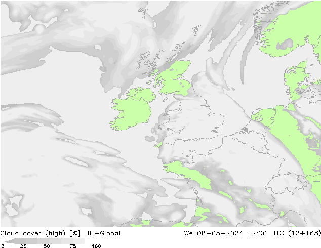 Cloud cover (high) UK-Global We 08.05.2024 12 UTC