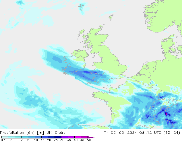 Precipitation (6h) UK-Global Th 02.05.2024 12 UTC