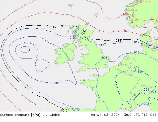 Surface pressure UK-Global We 01.05.2024 13 UTC