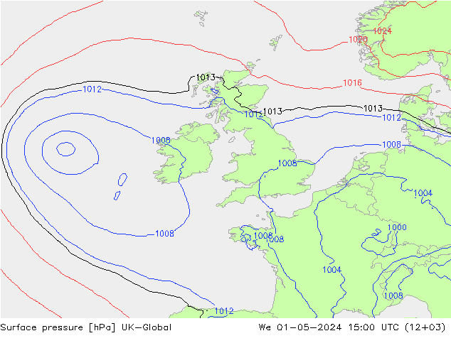 Surface pressure UK-Global We 01.05.2024 15 UTC