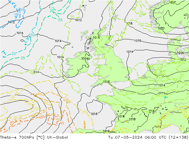 Theta-e 700hPa UK-Global Tu 07.05.2024 06 UTC