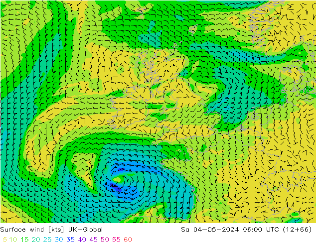 Vento 10 m UK-Global sab 04.05.2024 06 UTC