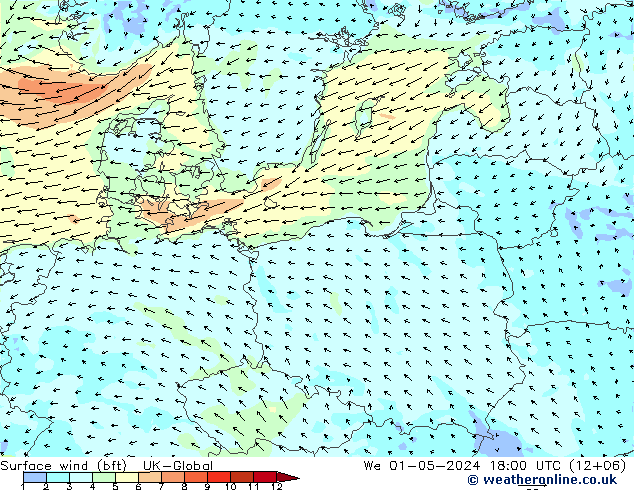 Vento 10 m (bft) UK-Global mer 01.05.2024 18 UTC