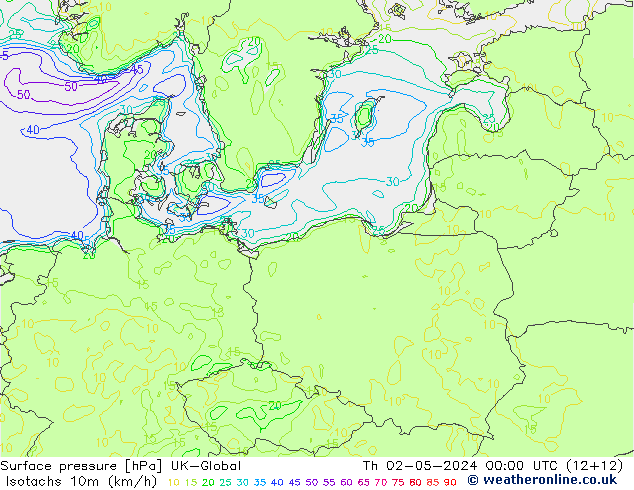 Isotachs (kph) UK-Global Qui 02.05.2024 00 UTC