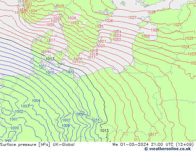 Presión superficial UK-Global mié 01.05.2024 21 UTC