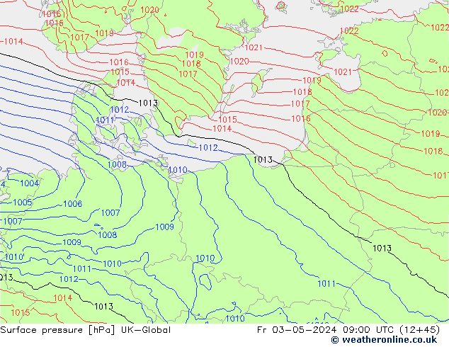 Pressione al suolo UK-Global ven 03.05.2024 09 UTC