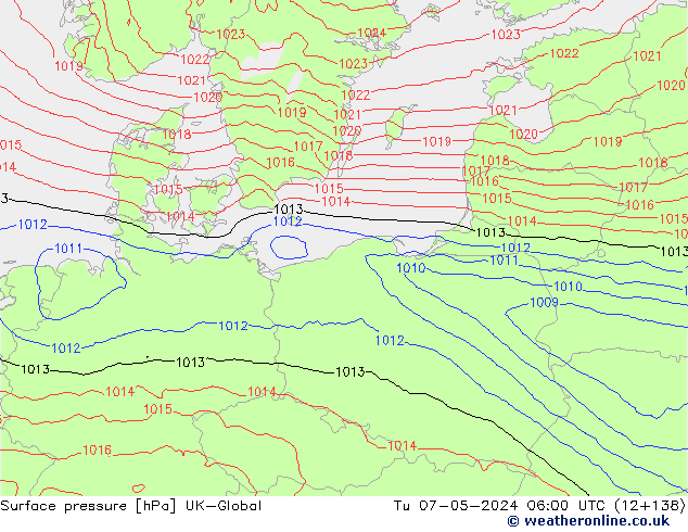 Surface pressure UK-Global Tu 07.05.2024 06 UTC