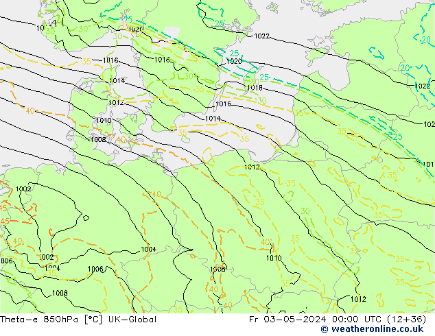 Theta-e 850hPa UK-Global Fr 03.05.2024 00 UTC