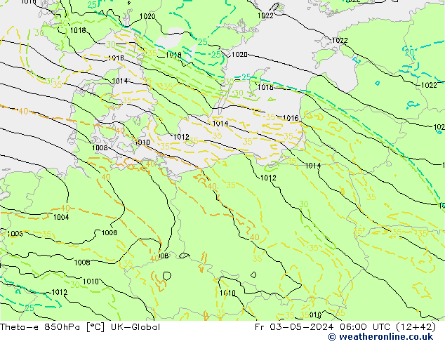 Theta-e 850hPa UK-Global  03.05.2024 06 UTC