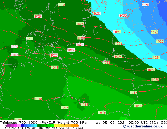 Dikte700-1000 hPa UK-Global wo 08.05.2024 00 UTC