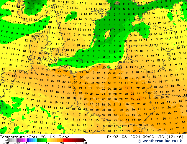 Temperature (2m) UK-Global Fr 03.05.2024 09 UTC