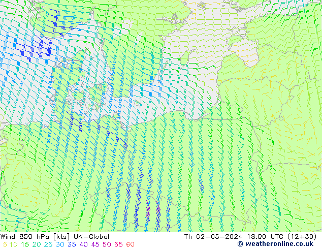 Wind 850 hPa UK-Global Th 02.05.2024 18 UTC