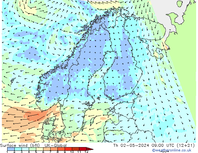 wiatr 10 m (bft) UK-Global czw. 02.05.2024 09 UTC
