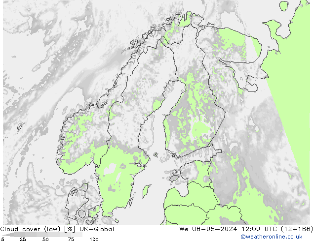 Bewolking (Laag) UK-Global wo 08.05.2024 12 UTC