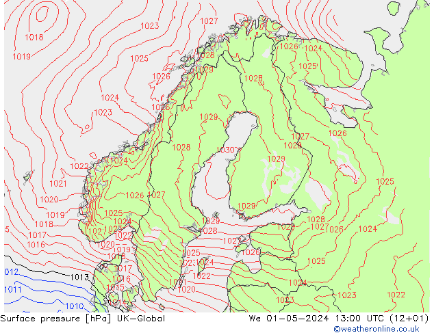 Surface pressure UK-Global We 01.05.2024 13 UTC