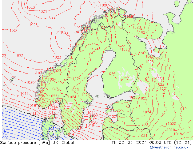 Atmosférický tlak UK-Global Čt 02.05.2024 09 UTC