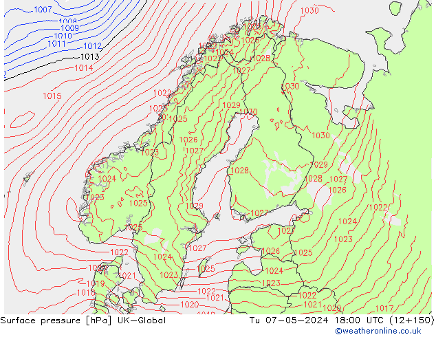 Surface pressure UK-Global Tu 07.05.2024 18 UTC