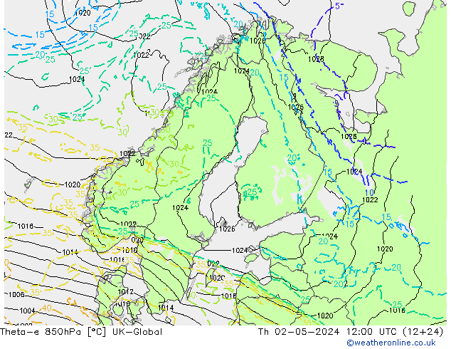 Theta-e 850hPa UK-Global Per 02.05.2024 12 UTC