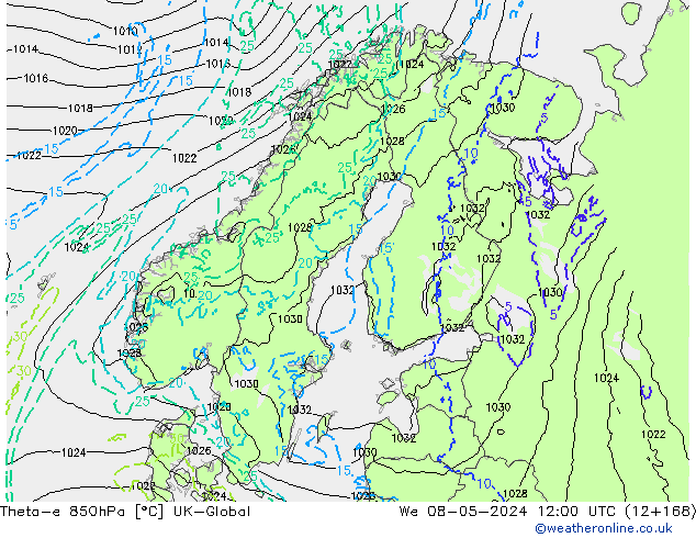 Theta-e 850hPa UK-Global We 08.05.2024 12 UTC