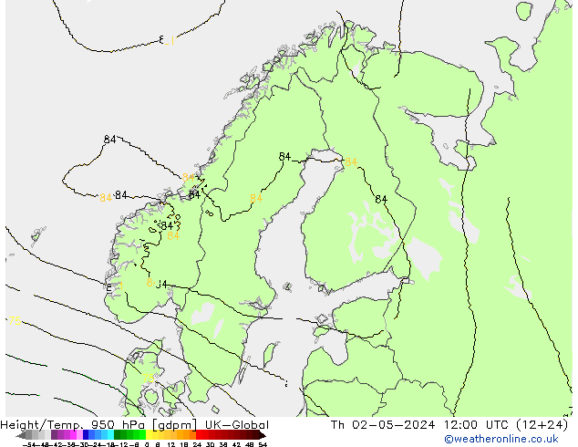 Height/Temp. 950 hPa UK-Global Do 02.05.2024 12 UTC