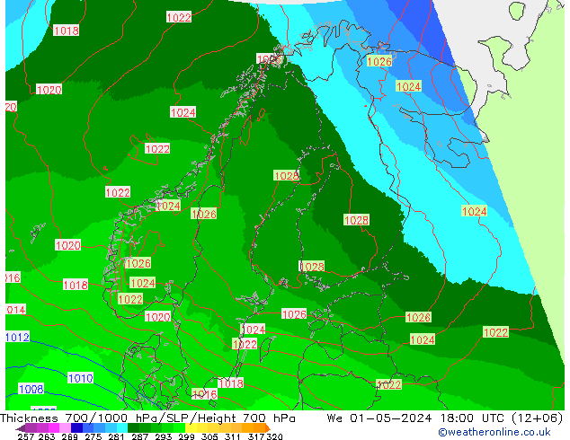 Thck 700-1000 hPa UK-Global mer 01.05.2024 18 UTC