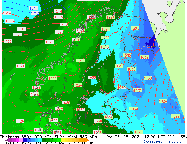 Thck 850-1000 hPa UK-Global We 08.05.2024 12 UTC