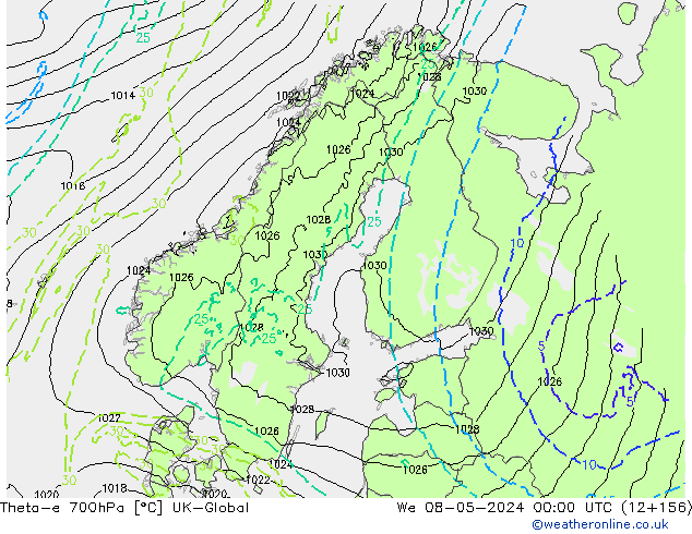 Theta-e 700hPa UK-Global We 08.05.2024 00 UTC
