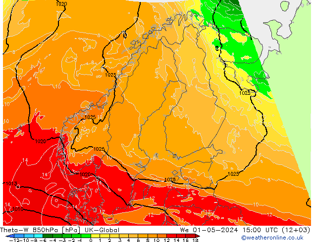 Theta-W 850hPa UK-Global Mi 01.05.2024 15 UTC