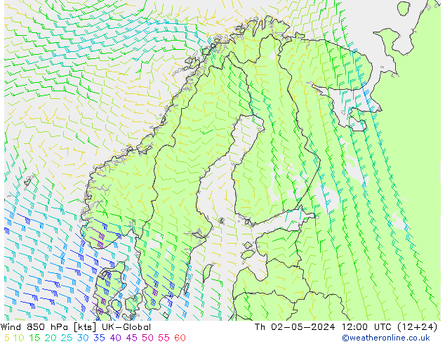 Wind 850 hPa UK-Global Čt 02.05.2024 12 UTC