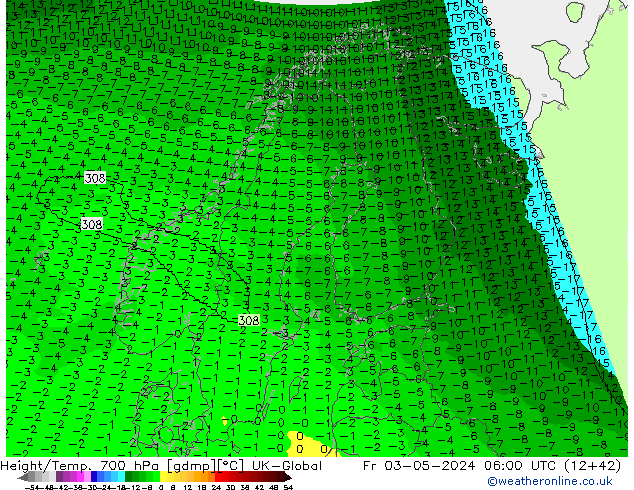 Geop./Temp. 700 hPa UK-Global vie 03.05.2024 06 UTC