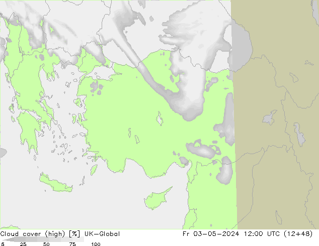 Cloud cover (high) UK-Global Fr 03.05.2024 12 UTC