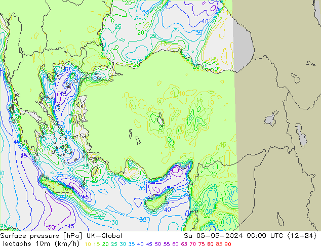 Izotacha (km/godz) UK-Global nie. 05.05.2024 00 UTC