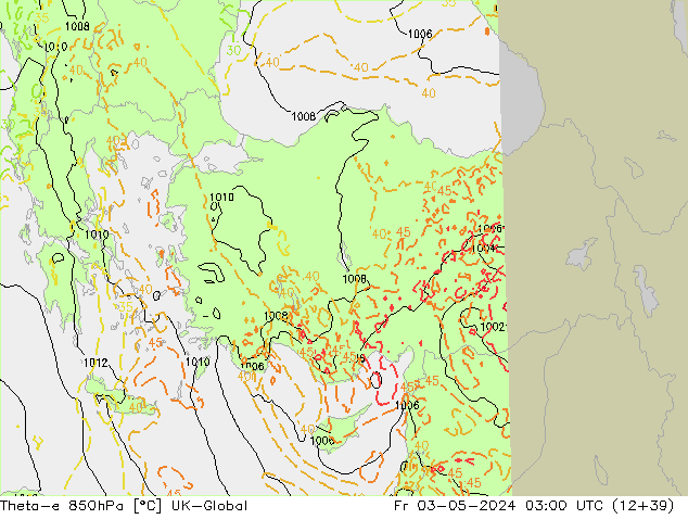 Theta-e 850hPa UK-Global Fr 03.05.2024 03 UTC