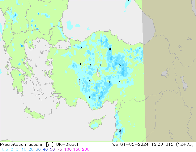 Precipitation accum. UK-Global mer 01.05.2024 15 UTC