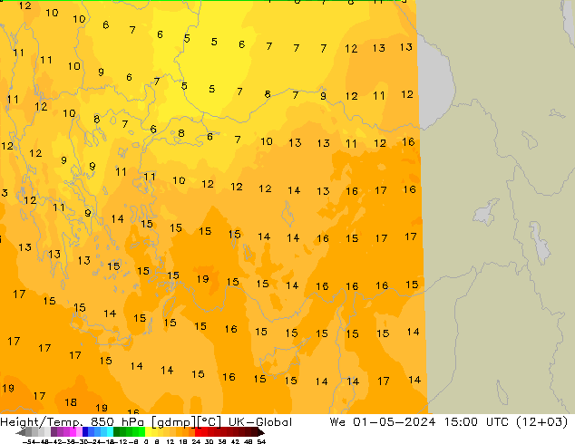 Yükseklik/Sıc. 850 hPa UK-Global Çar 01.05.2024 15 UTC