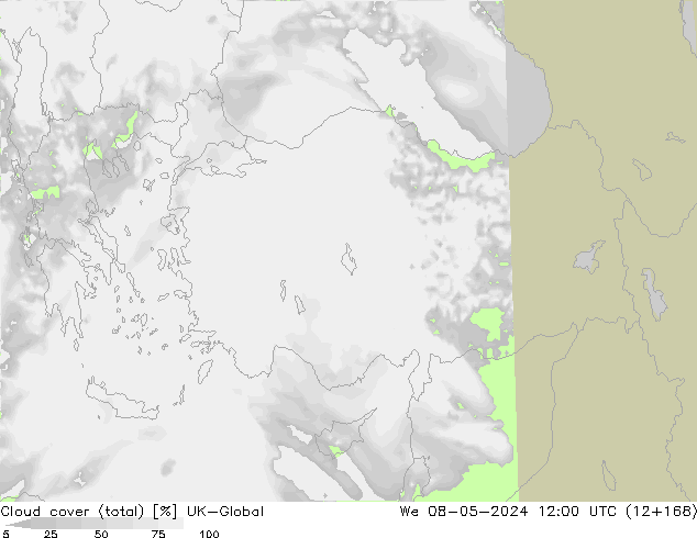 Bewolking (Totaal) UK-Global wo 08.05.2024 12 UTC