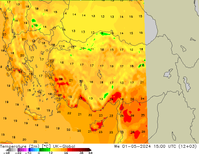 Temperature (2m) UK-Global We 01.05.2024 15 UTC