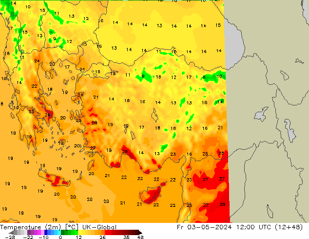 Temperature (2m) UK-Global Fr 03.05.2024 12 UTC