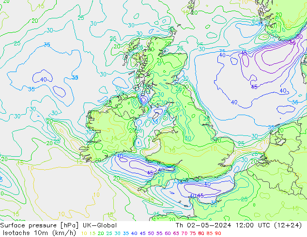 Isotachs (kph) UK-Global Th 02.05.2024 12 UTC