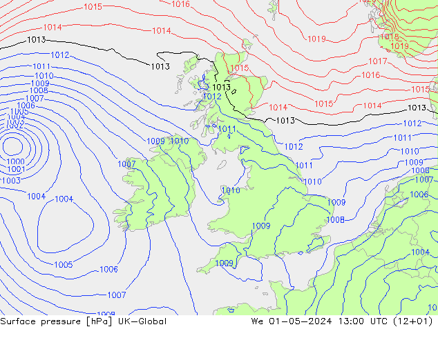 Pressione al suolo UK-Global mer 01.05.2024 13 UTC